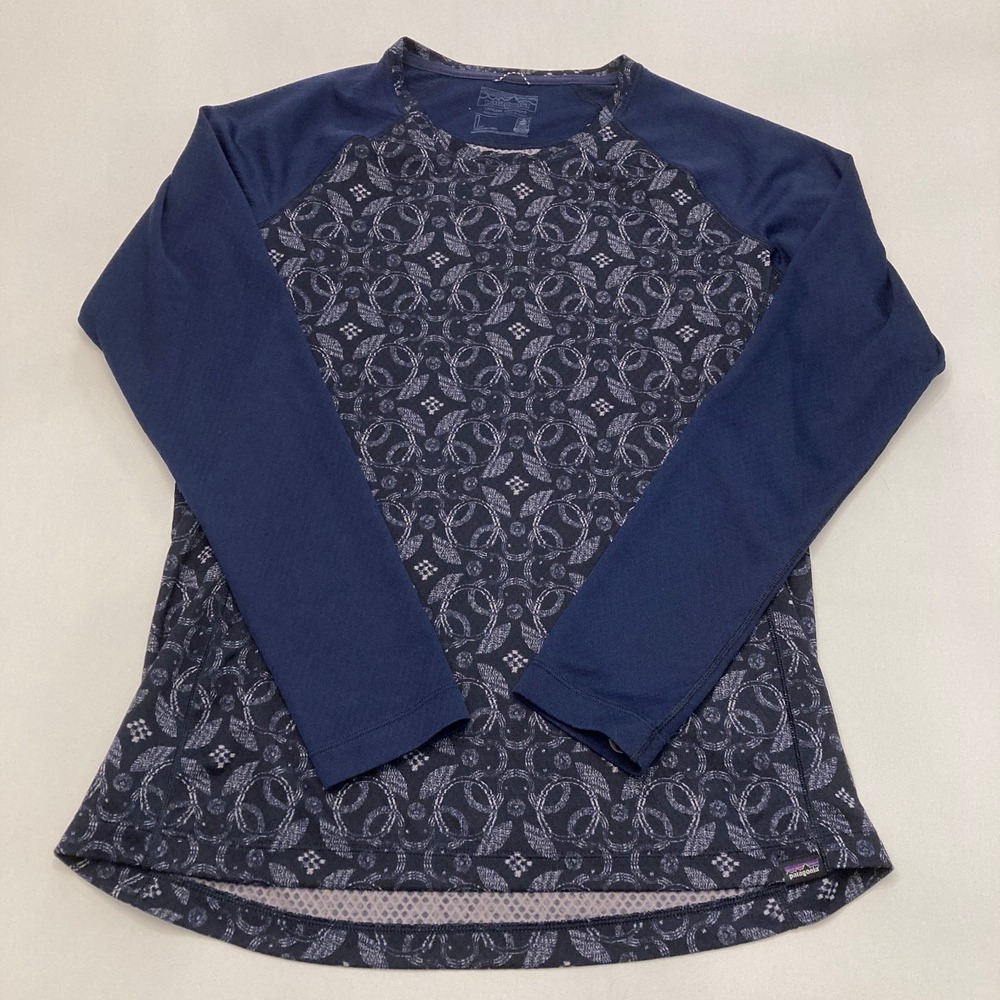 Patagonia Midweight Capilene Baselayer Crew Neck Shirt Blue Geometric Womens L